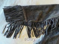 Vintage 1980s Black Suede Fringe Jacket Large Unisex Hippy Mod Western