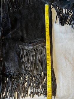 Vintage 1980s Black Suede Fringe Jacket Large Unisex Hippy Mod Western