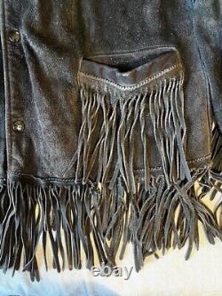 Vintage 1980s Black Suede Fringe Jacket Large Unisex Hippy Mod Western