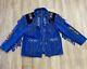 Vintage 1980s Suede Leather Western Jacket Coat Fringe Beaded Blue Black XXL