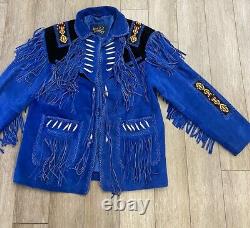 Vintage 1980s Suede Leather Western Jacket Coat Fringe Beaded Blue Black XXL