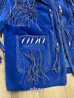 Vintage 1980s Suede Leather Western Jacket Coat Fringe Beaded Blue Black XXL