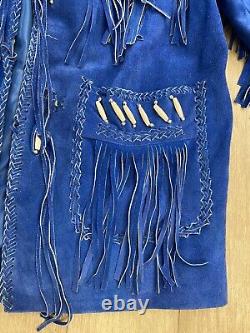 Vintage 1980s Suede Leather Western Jacket Coat Fringe Beaded Blue Black XXL