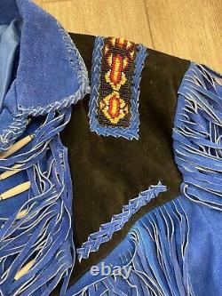 Vintage 1980s Suede Leather Western Jacket Coat Fringe Beaded Blue Black XXL