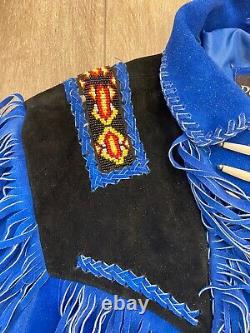 Vintage 1980s Suede Leather Western Jacket Coat Fringe Beaded Blue Black XXL