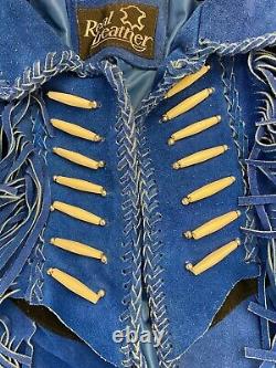 Vintage 1980s Suede Leather Western Jacket Coat Fringe Beaded Blue Black XXL