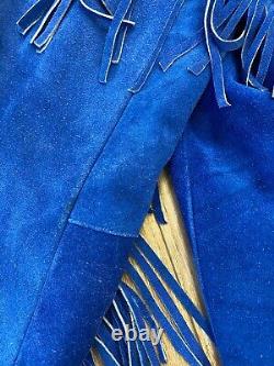 Vintage 1980s Suede Leather Western Jacket Coat Fringe Beaded Blue Black XXL