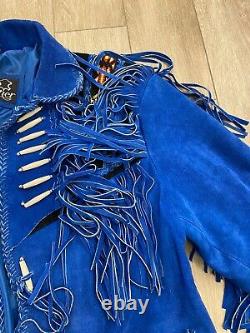 Vintage 1980s Suede Leather Western Jacket Coat Fringe Beaded Blue Black XXL