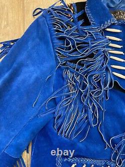 Vintage 1980s Suede Leather Western Jacket Coat Fringe Beaded Blue Black XXL