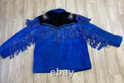 Vintage 1980s Suede Leather Western Jacket Coat Fringe Beaded Blue Black XXL