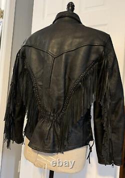 Vintage 1990s Black Leather Fringe Distressed Jacket Classic Goth Western Biker