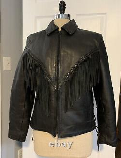 Vintage 1990s Black Leather Fringe Distressed Jacket Classic Goth Western Biker