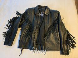 Vintage 1990s Black Leather Fringe Distressed Jacket Classic Goth Western Biker