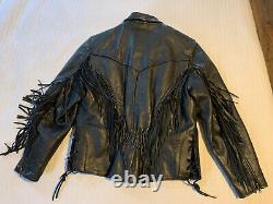 Vintage 1990s Black Leather Fringe Distressed Jacket Classic Goth Western Biker