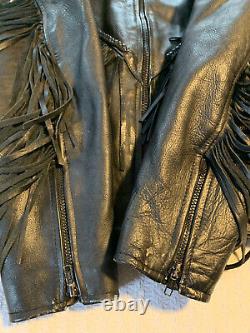 Vintage 1990s Black Leather Fringe Distressed Jacket Classic Goth Western Biker