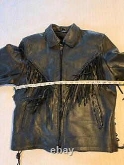 Vintage 1990s Black Leather Fringe Distressed Jacket Classic Goth Western Biker