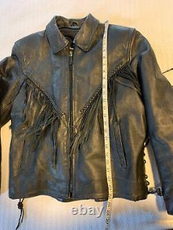 Vintage 1990s Black Leather Fringe Distressed Jacket Classic Goth Western Biker