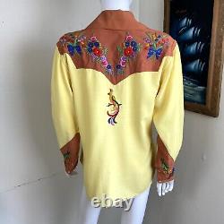 Vintage 40s 50s Hand Embroidered Floral Rayon Snap Button Western Shirt L Large