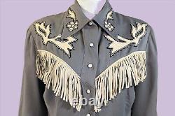 Vintage 40s Gray Wool & Leather Fringe Western Shirt, Cowgirl Rockabilly Top