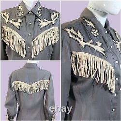 Vintage 40s Gray Wool & Leather Fringe Western Shirt, Cowgirl Rockabilly Top