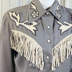 Vintage 40s Gray Wool & Leather Fringe Western Shirt, Cowgirl Rockabilly Top