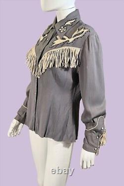 Vintage 40s Gray Wool & Leather Fringe Western Shirt, Cowgirl Rockabilly Top