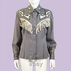 Vintage 40s Gray Wool & Leather Fringe Western Shirt, Cowgirl Rockabilly Top