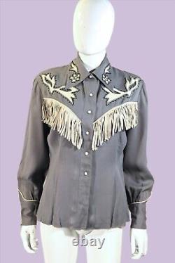 Vintage 40s Gray Wool & Leather Fringe Western Shirt, Cowgirl Rockabilly Top