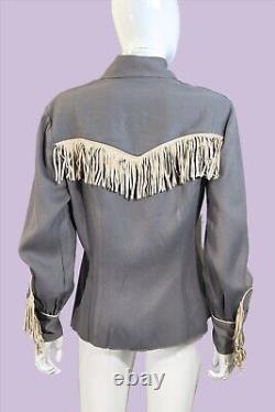 Vintage 40s Gray Wool & Leather Fringe Western Shirt, Cowgirl Rockabilly Top