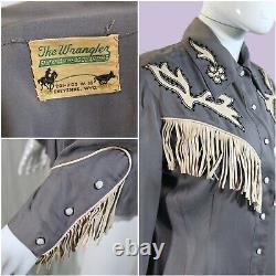 Vintage 40s Gray Wool & Leather Fringe Western Shirt, Cowgirl Rockabilly Top