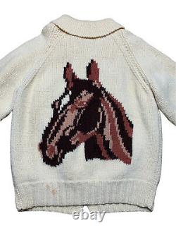 Vintage 50's 60's Cowichan Shawl Collar Knit Sweater Horses Horseshoes Western