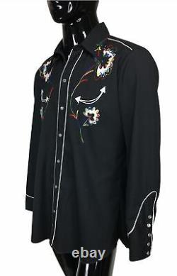 Vintage 50's H Bar C California Ranchwear Black Colorful Embroidered Shirt L/XL