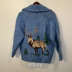 Vintage 50s 60s Hand Knit Sweater Cardigan Wool Deer Hunting Full Zip Cowichan L
