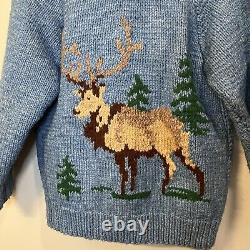 Vintage 50s 60s Hand Knit Sweater Cardigan Wool Deer Hunting Full Zip Cowichan L