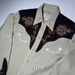 Vintage 50s H Bar C California Ranchwear Western Embroidered Tan Pearl Snap M/L