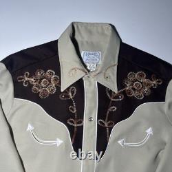 Vintage 50s H Bar C California Ranchwear Western Embroidered Tan Pearl Snap M/L