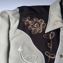 Vintage 50s H Bar C California Ranchwear Western Embroidered Tan Pearl Snap M/L