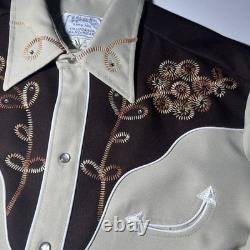 Vintage 50s H Bar C California Ranchwear Western Embroidered Tan Pearl Snap M/L