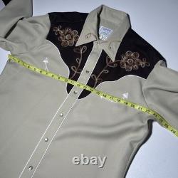 Vintage 50s H Bar C California Ranchwear Western Embroidered Tan Pearl Snap M/L