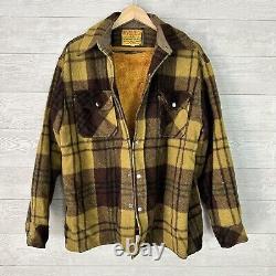 Vintage 60s 70s Yellow Brown Wool Plaid Western Jacket Snap Button Weather Gay L