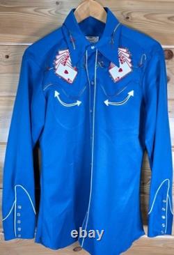 Vintage 60s H BAR C Poker Cards Embroidered Western Pearl Snap Shirt Men Large