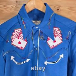Vintage 60s H BAR C Poker Cards Embroidered Western Pearl Snap Shirt Men Large