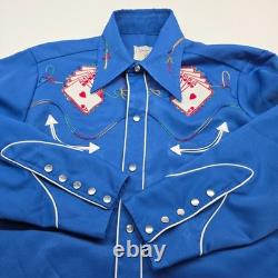 Vintage 60s H BAR C Poker Cards Embroidered Western Pearl Snap Shirt Men Large