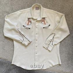 Vintage 60s H Bar C 17.5 XL Rayon Gabardine Western Shirt Horse Arrow Pocket