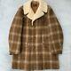 Vintage 60s Pendleton Shadow Plaid Brown Wool Blanket Coat USA Mod Atomic L/XL