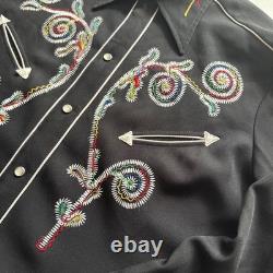 Vintage 70's H BAR C Western Shirt Black Embroidered