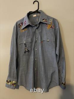Vintage 70's Levi's Embroidered Chambray Shirt Orange Tab Western Pearl Snap L