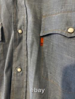 Vintage 70's Levi's Embroidered Chambray Shirt Orange Tab Western Pearl Snap L