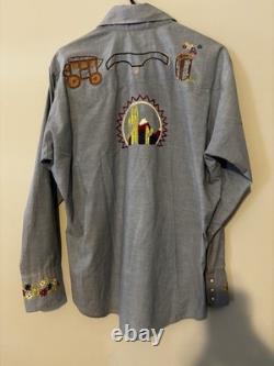 Vintage 70's Levi's Embroidered Chambray Shirt Orange Tab Western Pearl Snap L