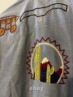 Vintage 70's Levi's Embroidered Chambray Shirt Orange Tab Western Pearl Snap L